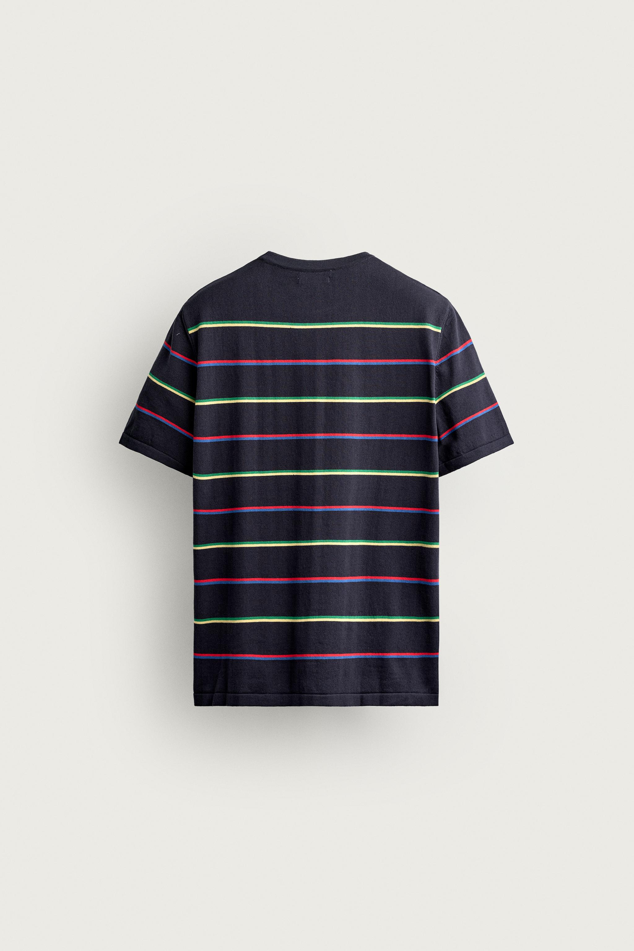 STRIPED JACQUARD KNIT T-SHIRT — Navy blue