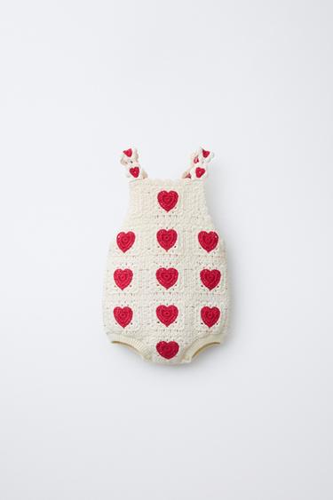 Zara HEARTS CROCHET KNIT ROMPER - Ecru