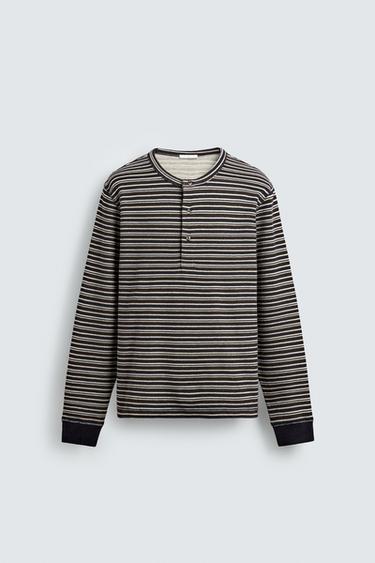 STRIPED HENLEY NECK T-SHIRT - Dark brown by Zara