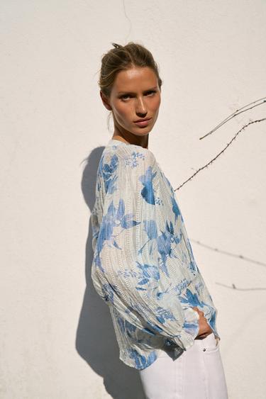 BEADED FLORAL PRINT SHIRT - Blue/White by Zara - Image 2