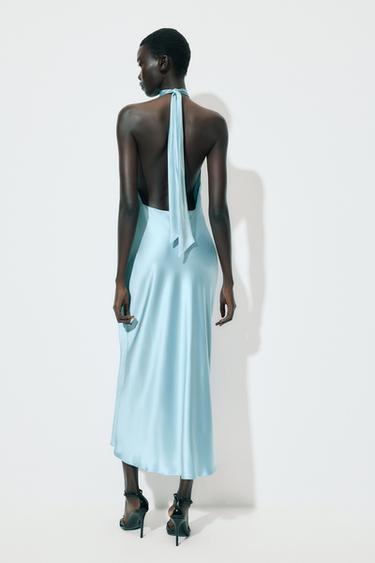 VESTIDO CUELLO HALTER SATINADO - Azul cielo de Zara