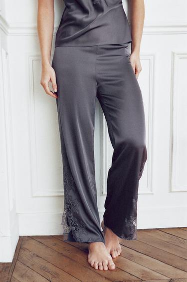 מכנסי סאטן עם תחרה - אפור פחם של Zara