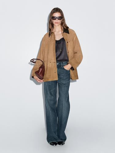 Zara Suede leather jacket with collar detail - Light brown - Image 0