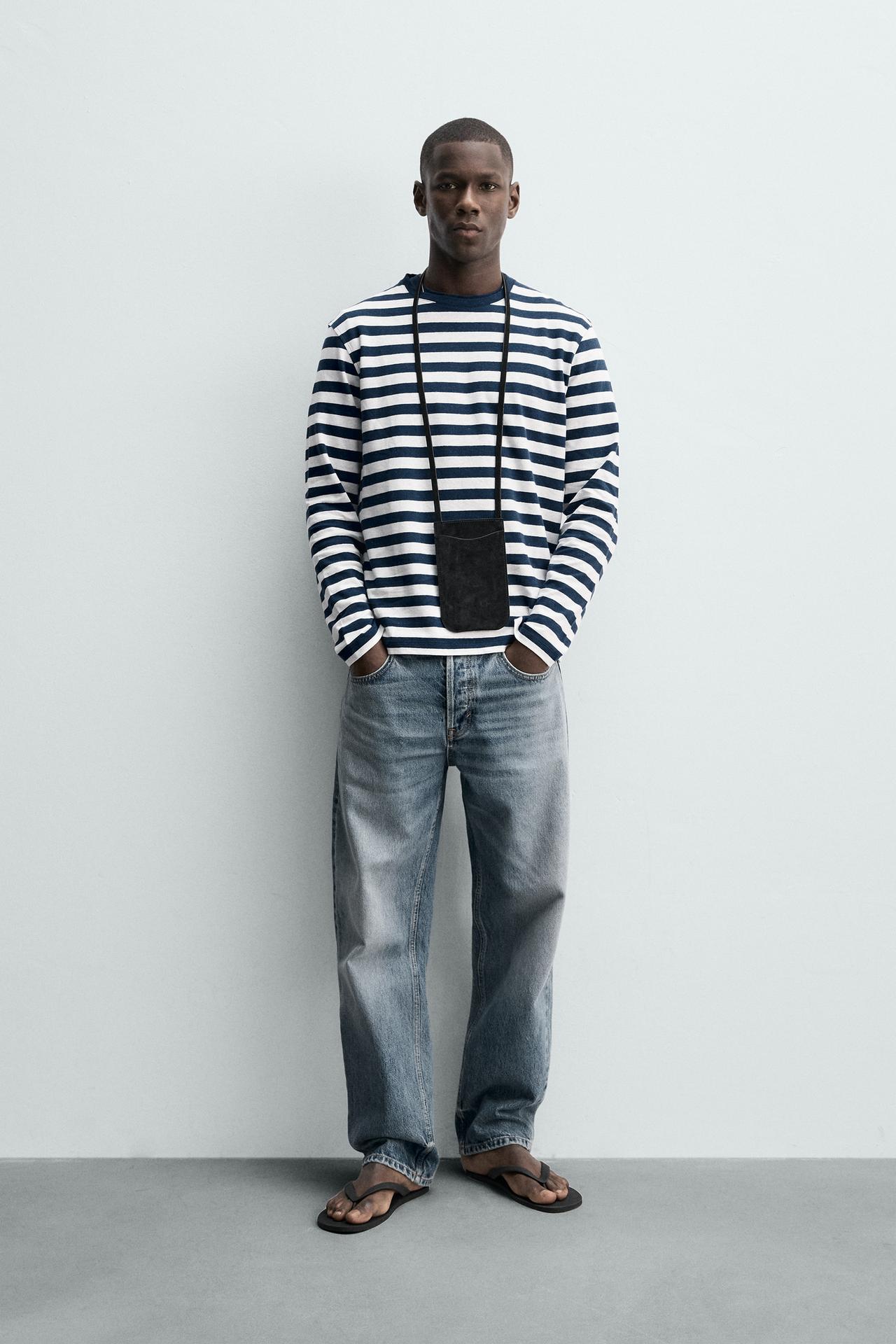 ZARA STRIPED LINEN COTTON BLEND LONG SLEEVE T-SHIRT