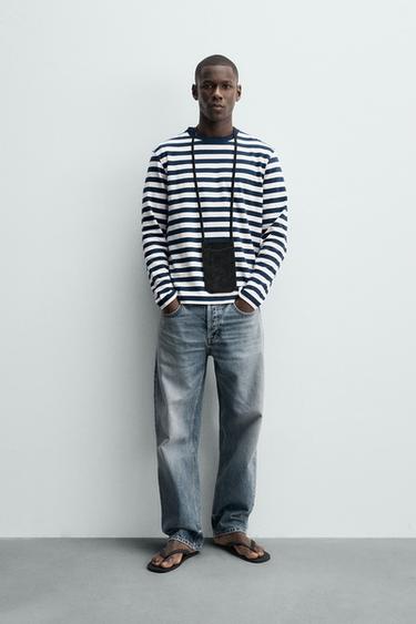 CAMISETA MANGA LARGA LINO - ALGODÓN RAYAS - Azul / Blanco de Zara - Imagen 0