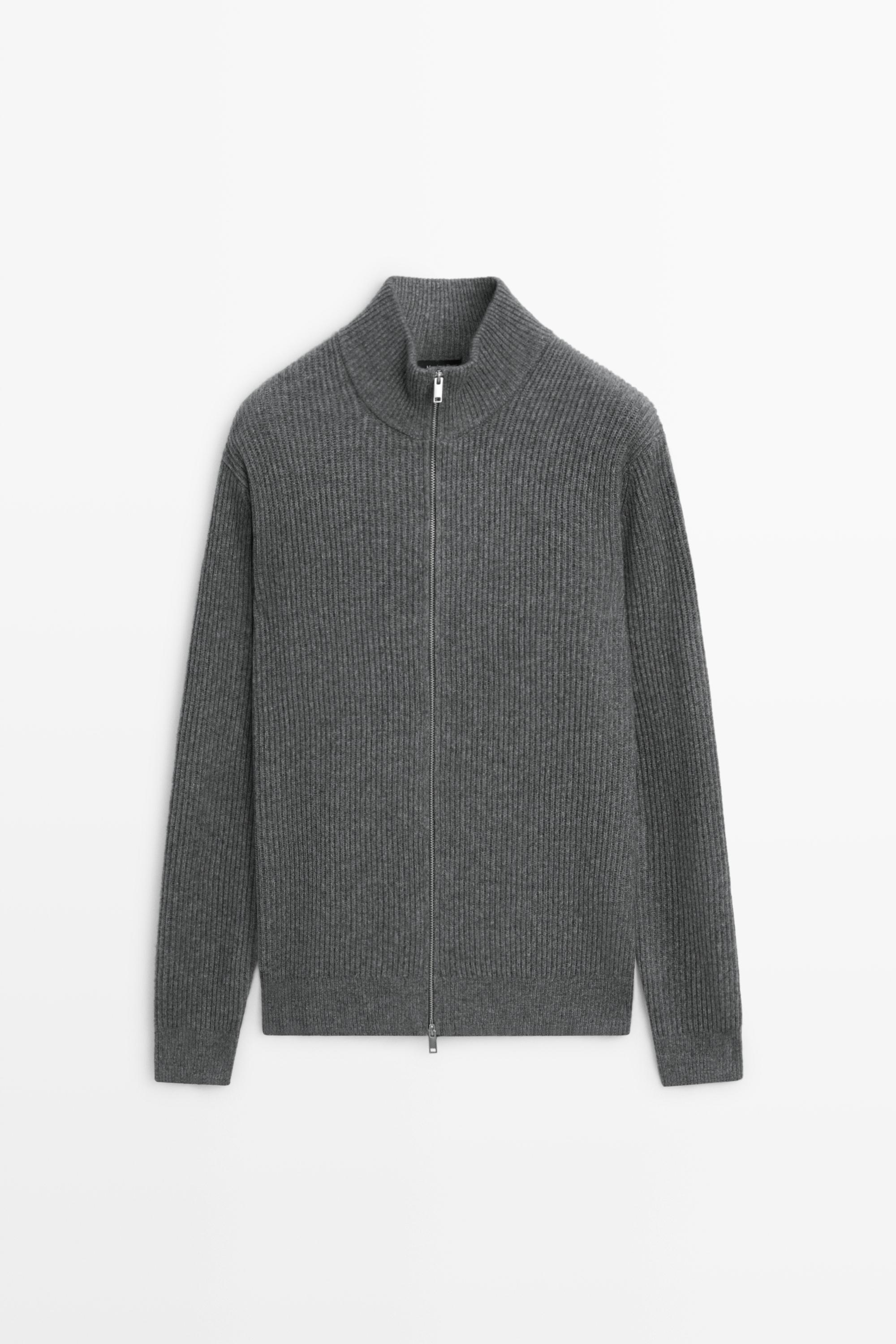 Wool zip-up knit cardigan