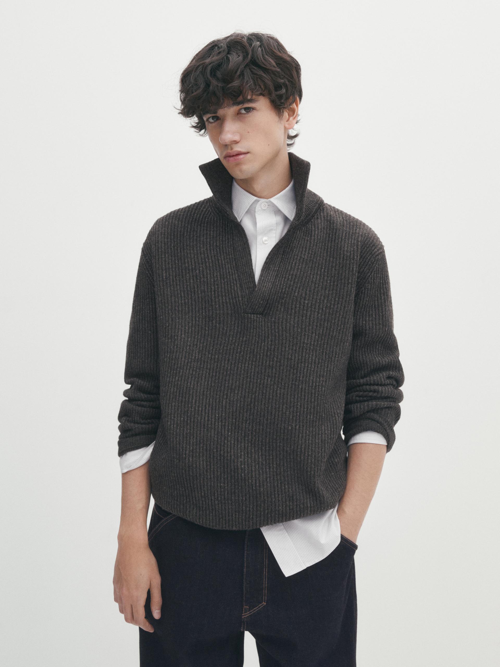 RIBBED KNIT POLO SWEATER - Gray marl