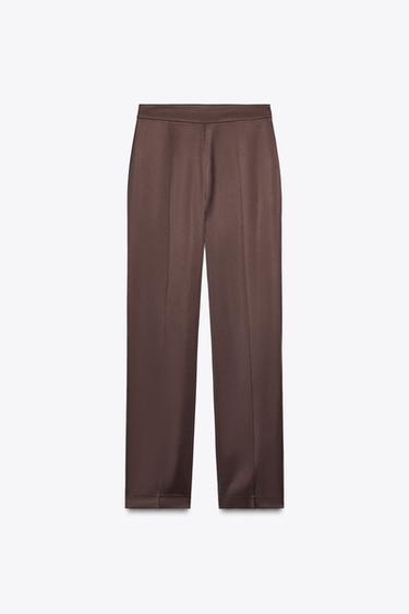 Zara SATIN STRAIGHT LEG PANTS - Brown