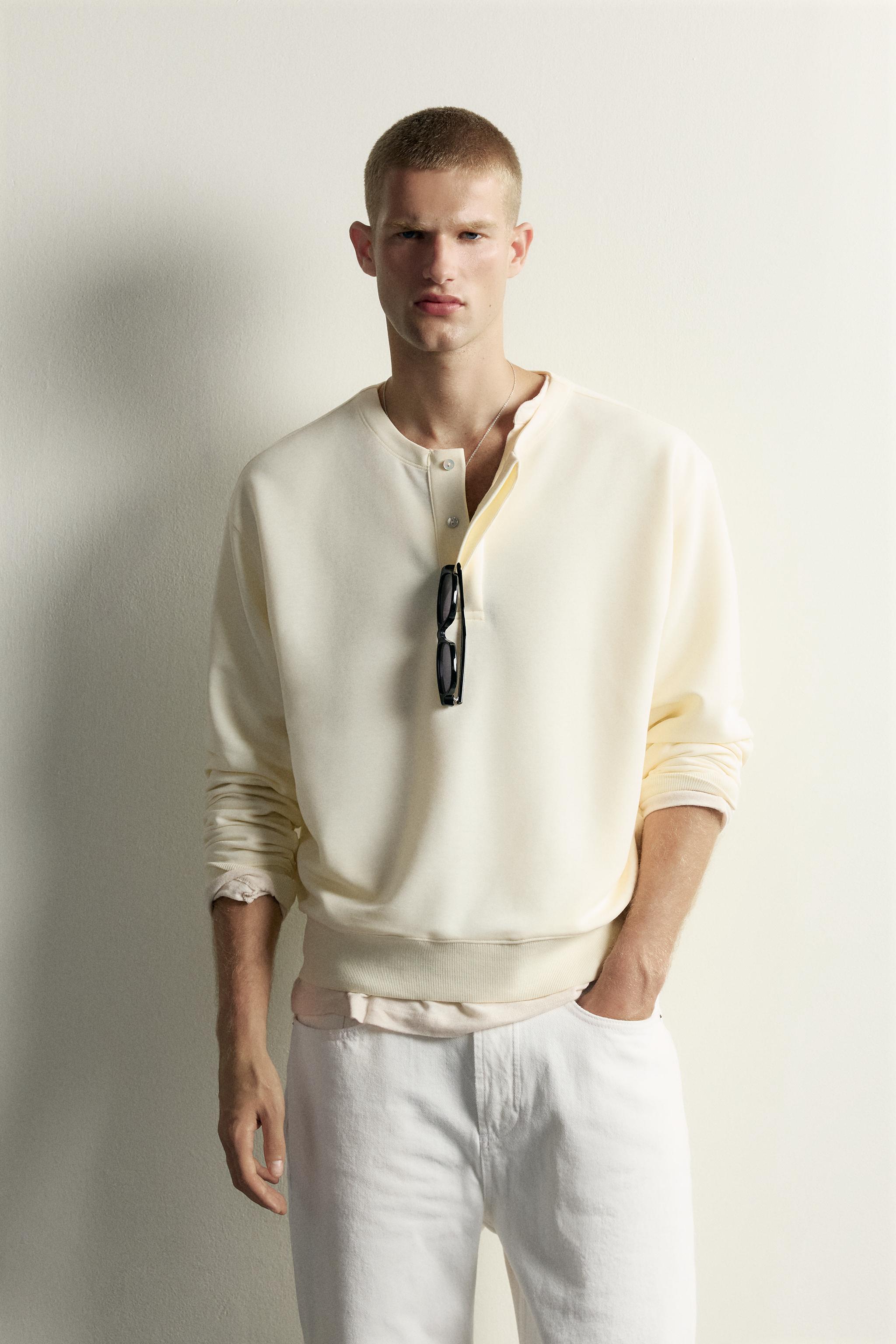 RELAXED-FIT HENLEY SWEATSHIRT — Oyster-white
