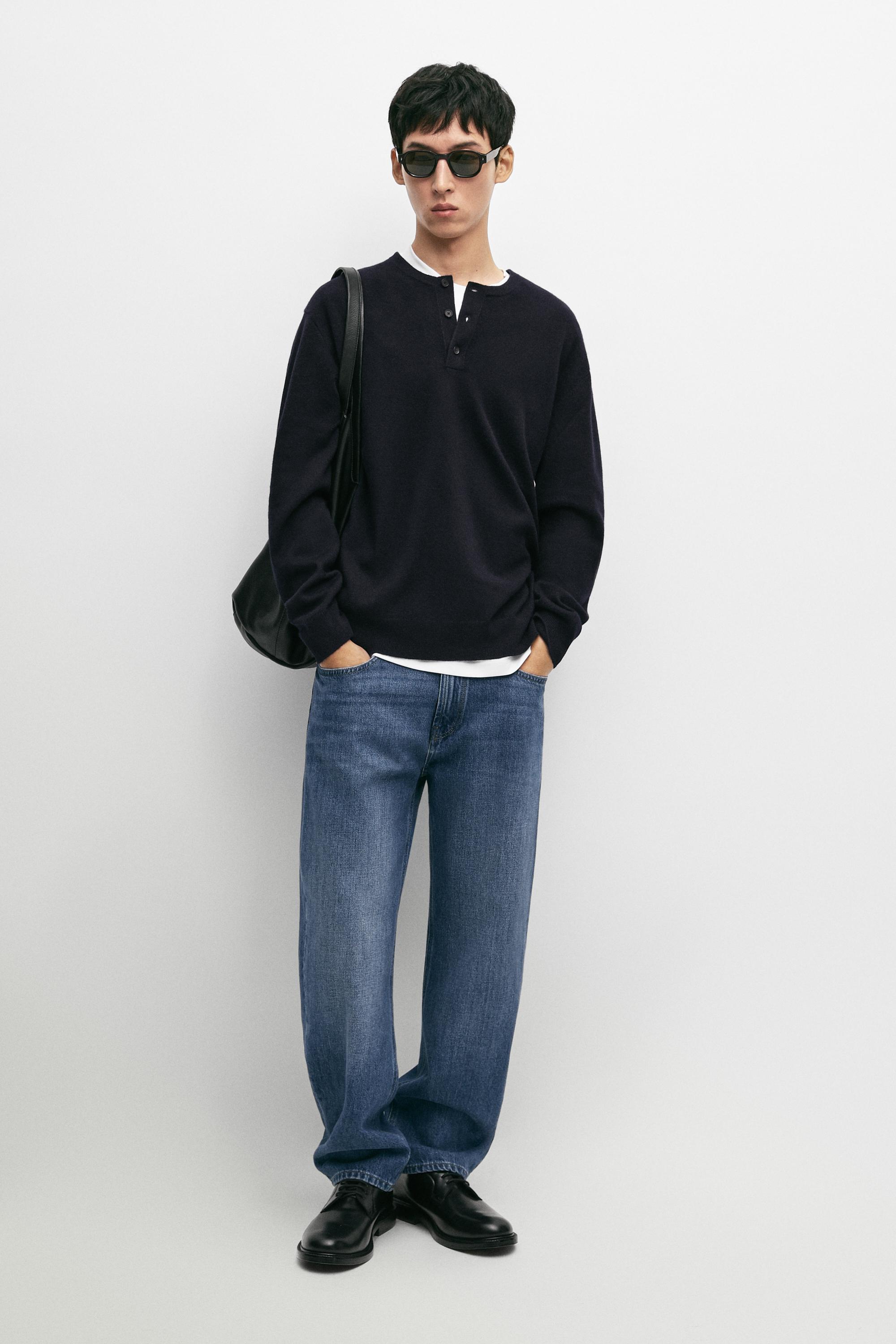 Wool-blend knit henley neck sweater - Navy blue | ZARA United States