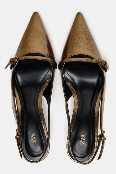 Zara METALLIC EFFECT SLING BACK KITTEN HEELS - Gold