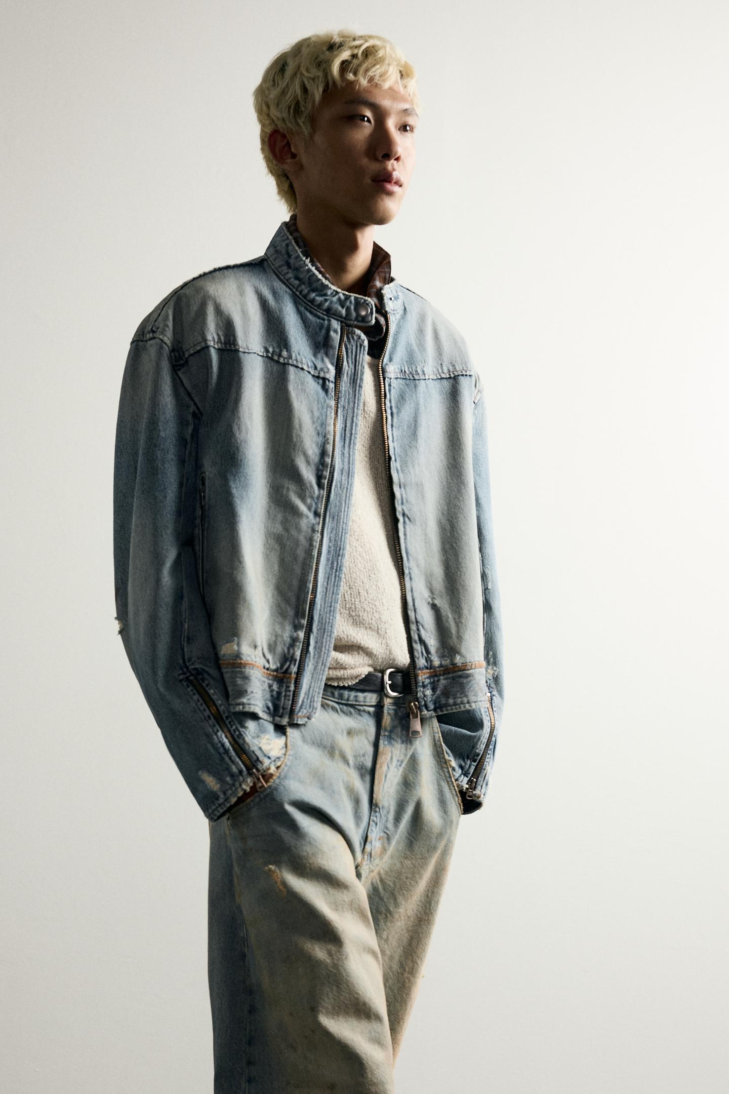 Мужская куртка Zara Cropped Denim Biker, цвет: Синий — фото 6