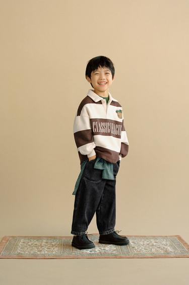 STRIPED POLO SHIRT WITH EMBROIDERED BEAR - Ecru / Brown by Zara