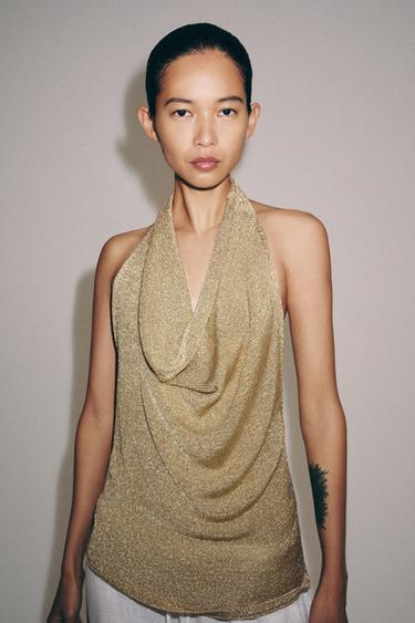 Zara METALLIC THREAD HALTER KNIT TOP - Golden