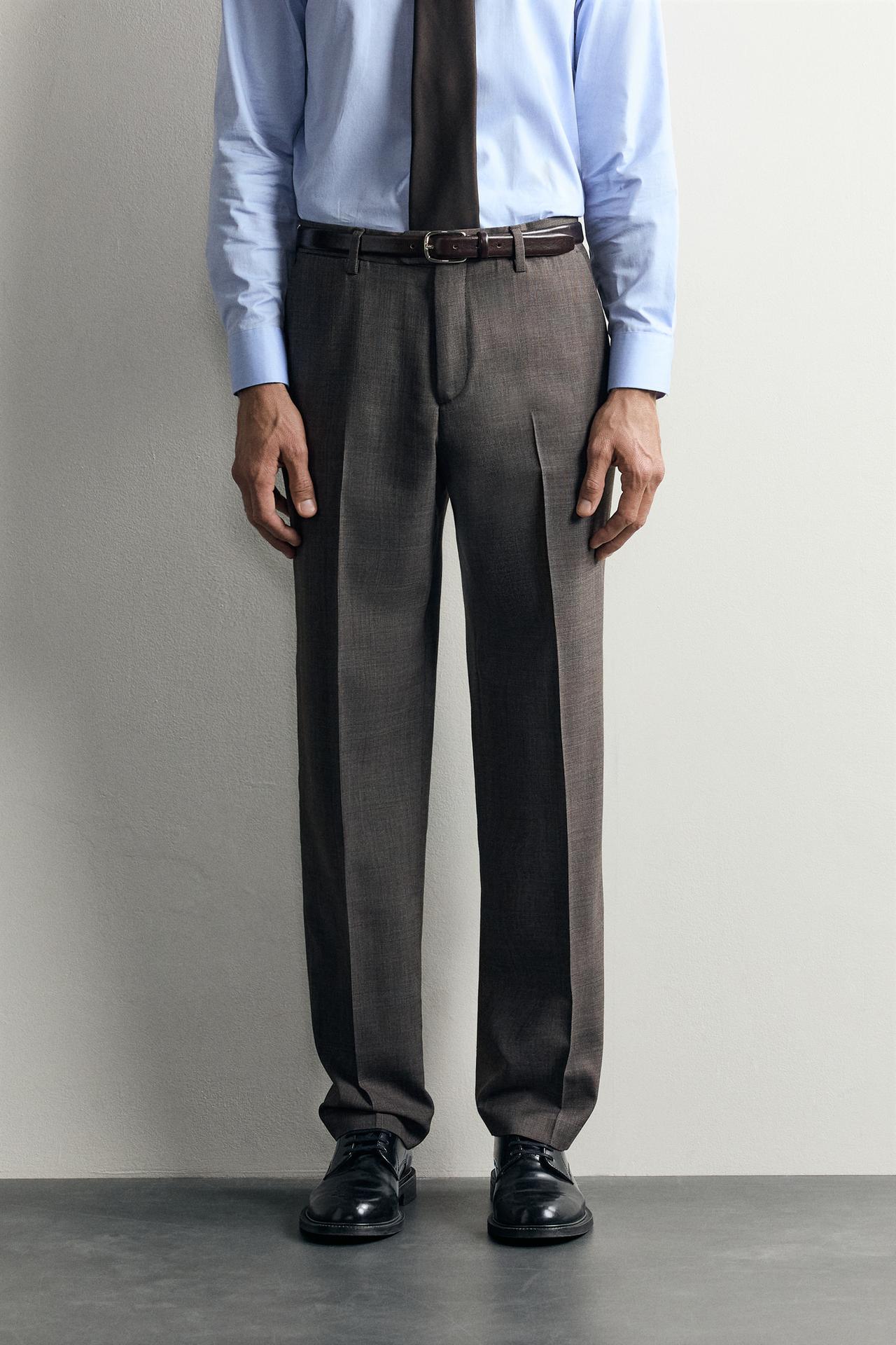 WOOL-BLEND PLAID SUIT PANTS — Brown