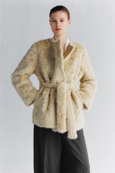 Zara ZW COLLECTION FAUX FUR BELTED COAT - Ecru