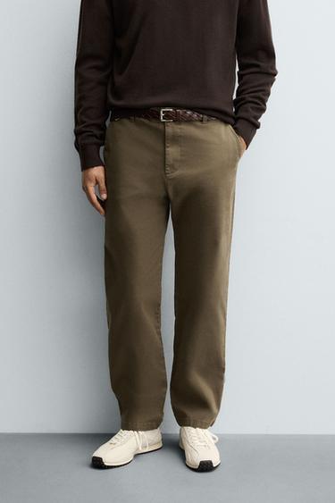 Zara STRAIGHT FIT TWILL PANTS - Dark khaki