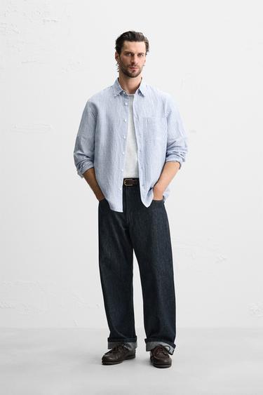 Zara LINEN - COTTON SHIRT - Blue / White