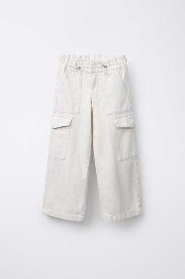 Zara WIDE LEG CARGO PANTS - Ecru