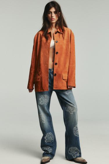 CAZADORA PIEL ANTE 100% - Naranja quemado de Zara