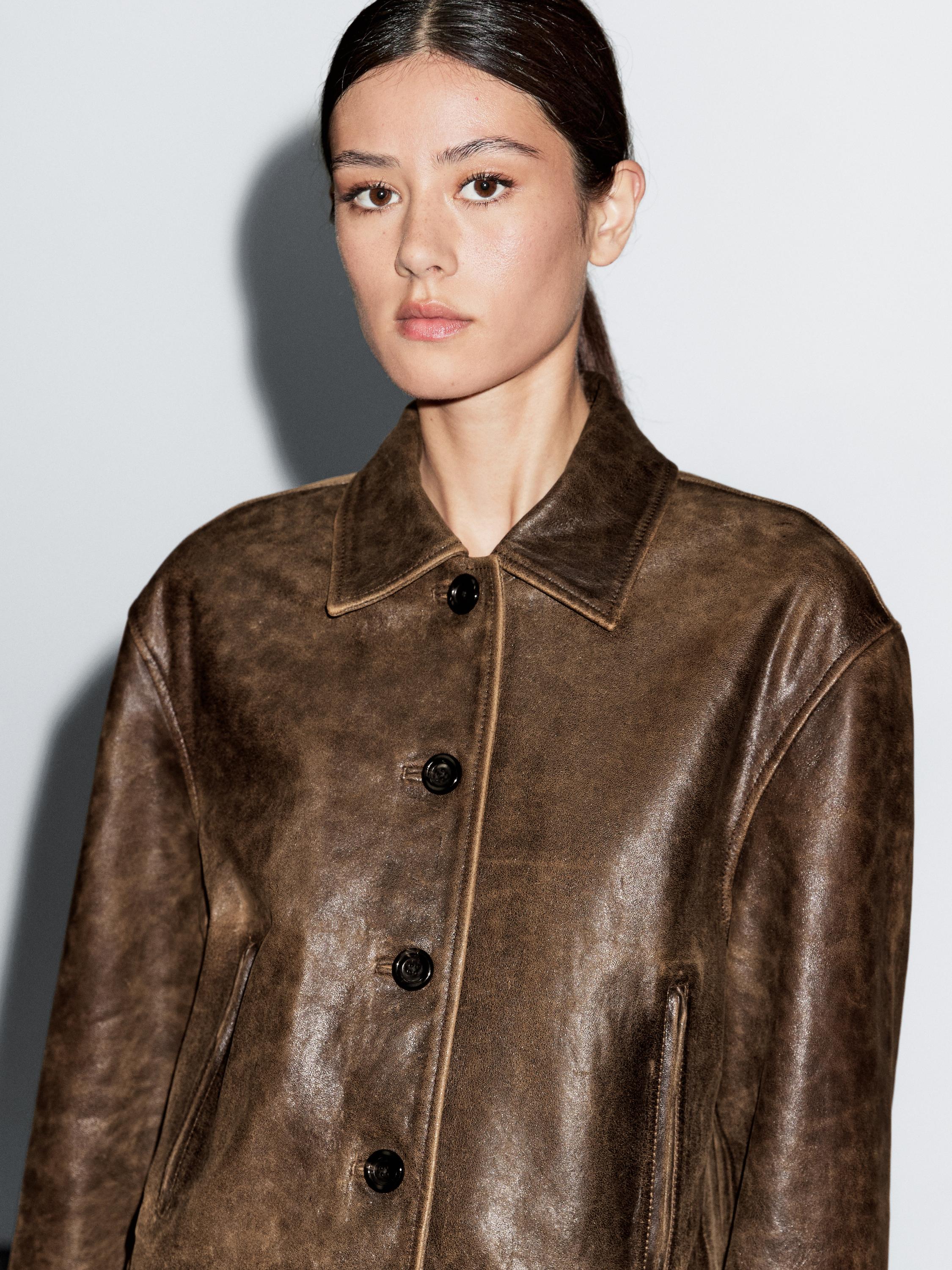 Veste courte effet usé en cuir nappa