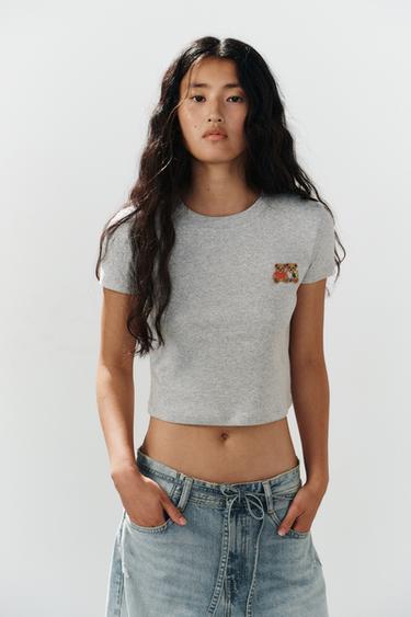 CROPPED BEAR EMBROIDERY T-SHIRT - Grey marl by Zara