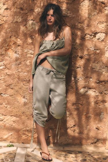 WASHED TOP WITH TIE STRAPS - Light khaki by Zara
