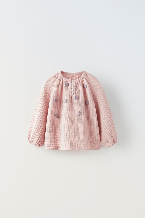 TEXTURED BLOUSE WITH EMBROIDERY - Pink | ZARA Australia