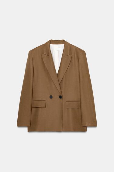 DOUBLE-BREASTED LINEN BLAZER WITH ROLLED-UP SLEEVES - Caramel by Zara