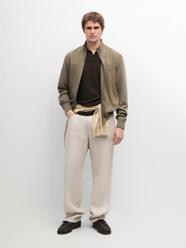 Zara Contrast knit and suede leather jacket - Light khaki