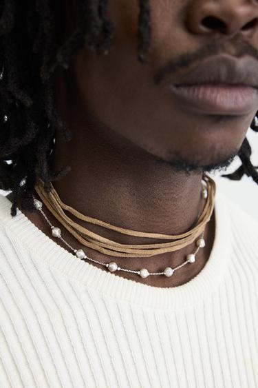 LEATHER EFFECT COMBINATION NECKLACE - Brown by Zara - Image 1