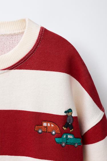 STRIPED EMBROIDERED SWEATSHIRT - Ecru / Red by Zara - Image 2