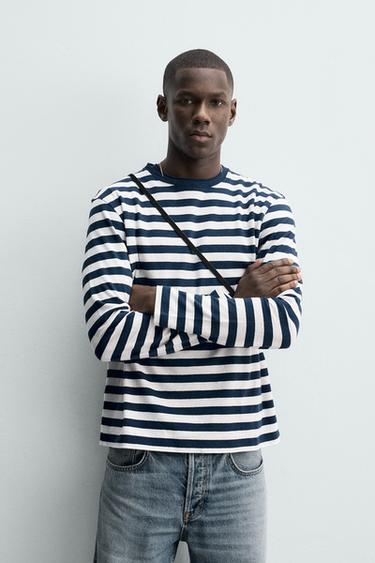STRIPED LINEN - COTTON LONG SLEEVE T-SHIRT - Blue/White by Zara