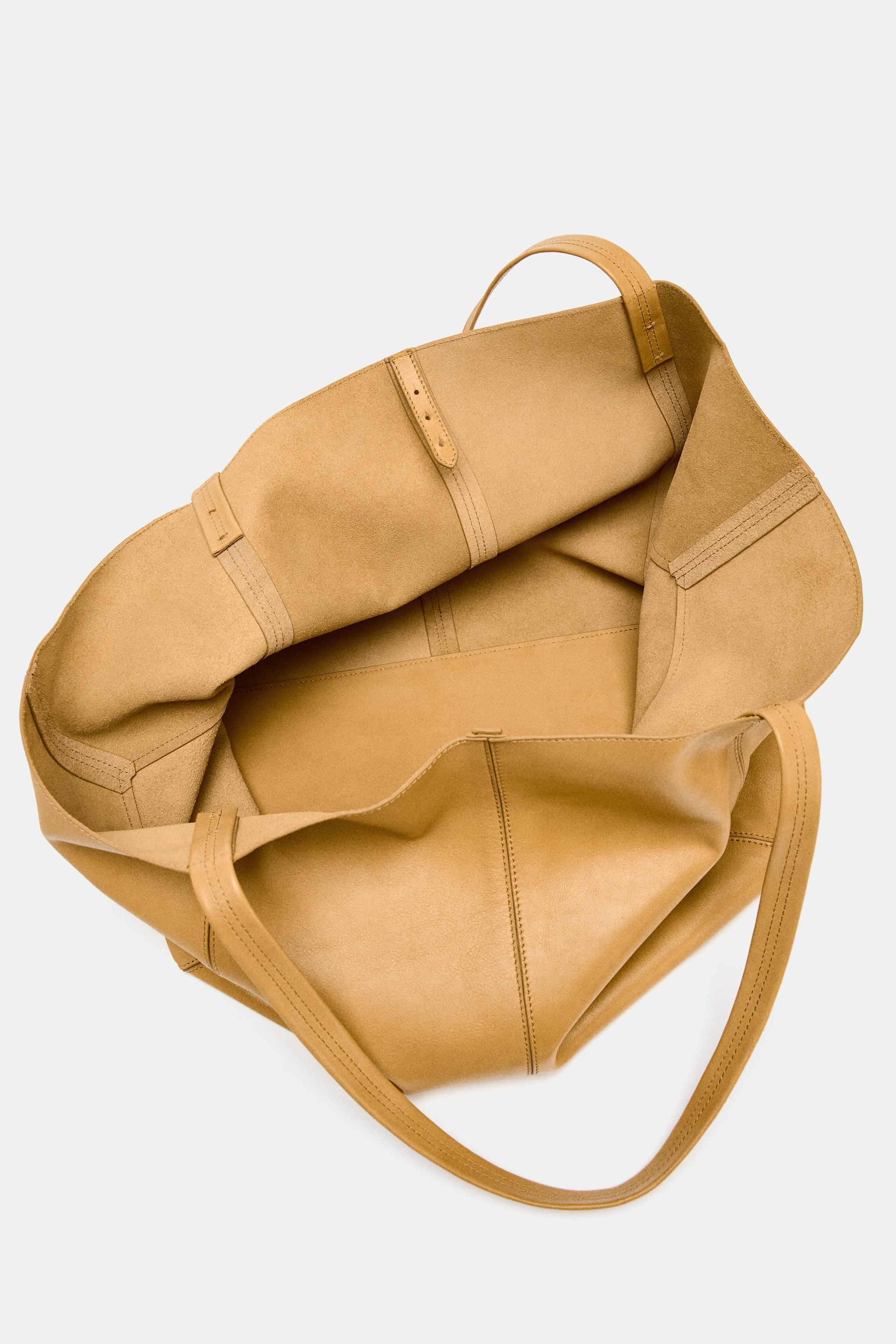 ステッチ入りレザーマキシトートバッグ - ゴールデンブラウン | ZARA