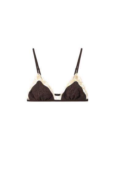 ビスコース100%刺繍レースブラジャーダークブラウンZaraのビスコース100%刺繍レースブラジャー - ダークブラウン 