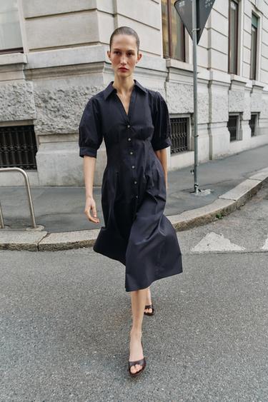 Zara PUFF SLEEVE POPLIN MIDI DRESS - Navy blue