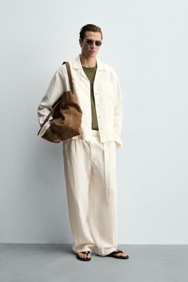 PANTALON RELAXED FIT 100% LIN AVEC CEINTURE - Blanc cassé de Zara