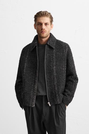 Zara STRIPED TEXTURED OVERSHIRT - Dark gray