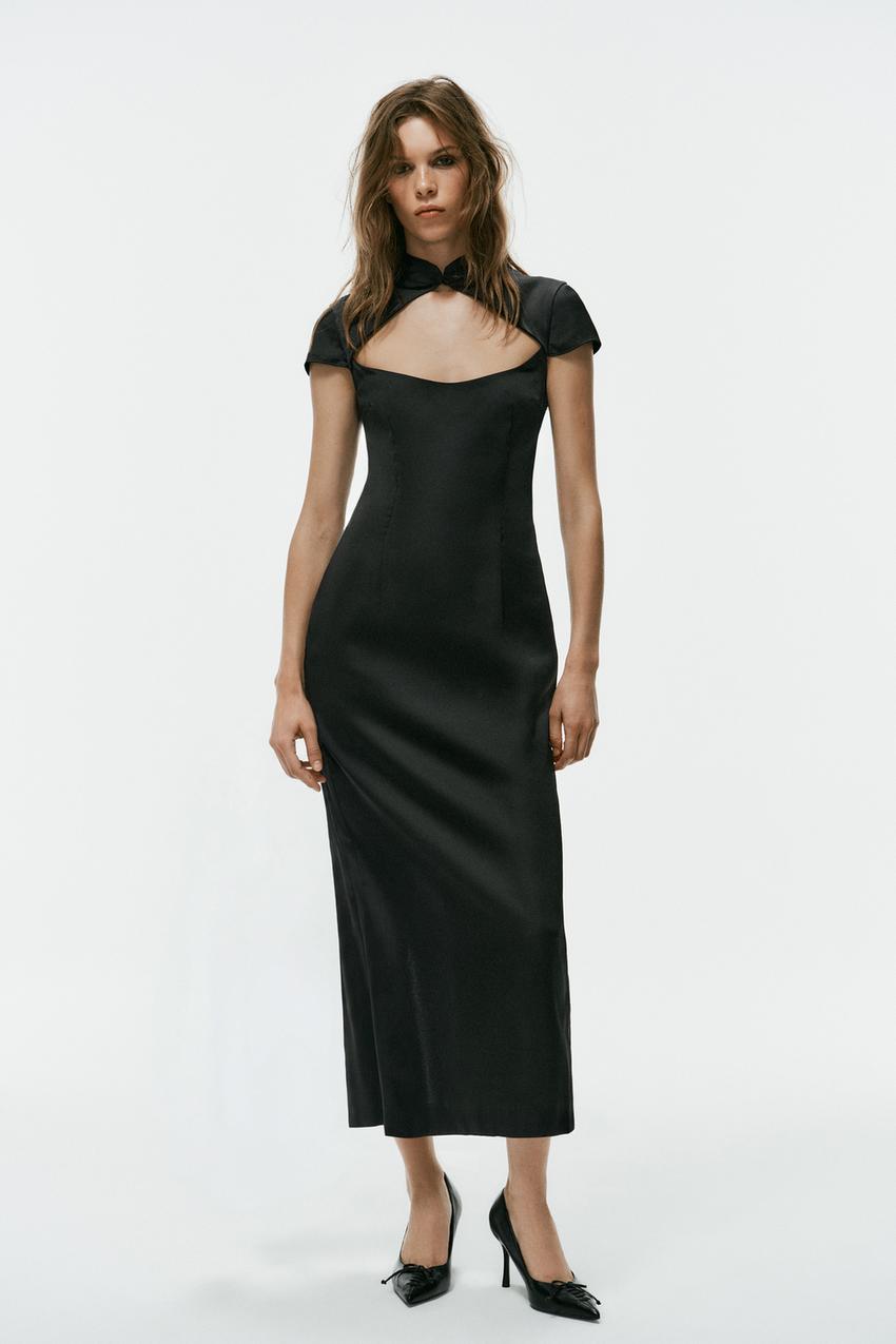 black turtleneck dress zara SATIN MIDI WITH OPENING - solid dress