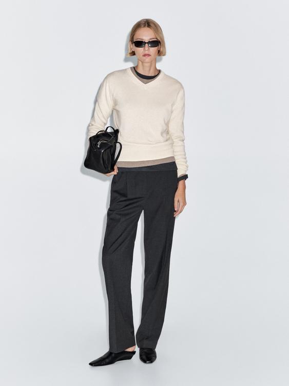 Wool blend knit V-neck sweater