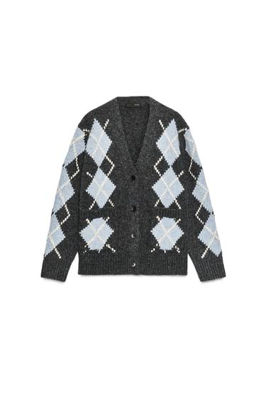 100% WOOL ARGYLE CARDIGAN - Grey / Blue by Zara - Image 0