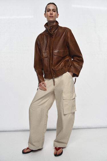 Zara 100% LEATHER BOMBER JACKET ZW COLLECTION LIMITED EDITION - Brown