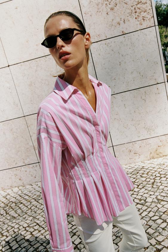 PLEATED STRIPED SHIRT - Pink / White by Zara - Image 3