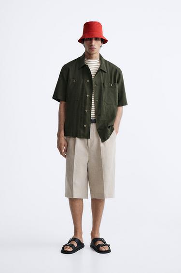 РУБАШКА ИЗ ХЛОПКА И ЛЬНА — ХАКИ от Zara — изображение 0