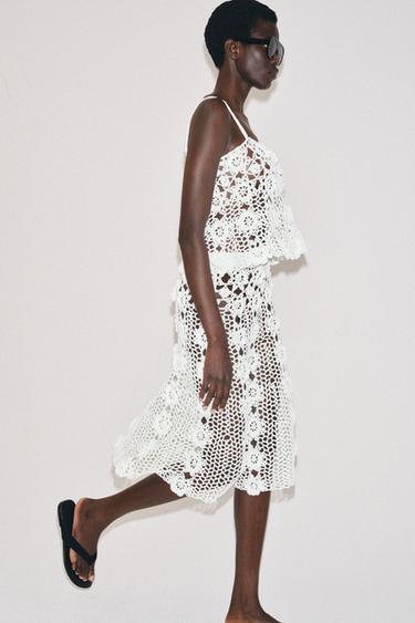 FLORAL CROCHET KNIT MIDI SKIRT - White by Zara - Image 1