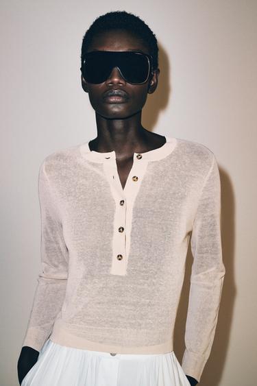 Zara KNIT HENLEY JUMPER - Chalk pink