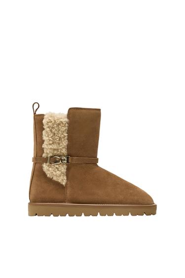 FAUX SHEARLING AND LEATHER FLAT ANKLE BOOTS