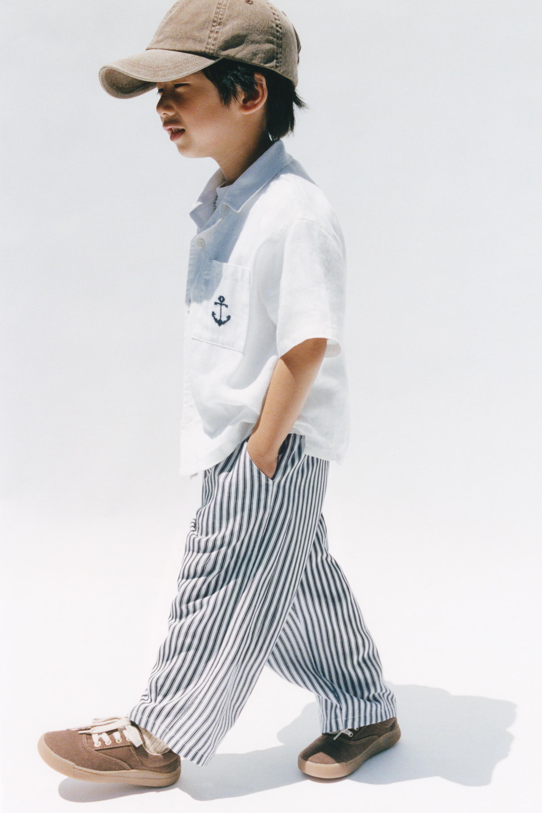 ANCHOR EMBROIDERED LINEN SPREAD COLLAR SHIRT — White