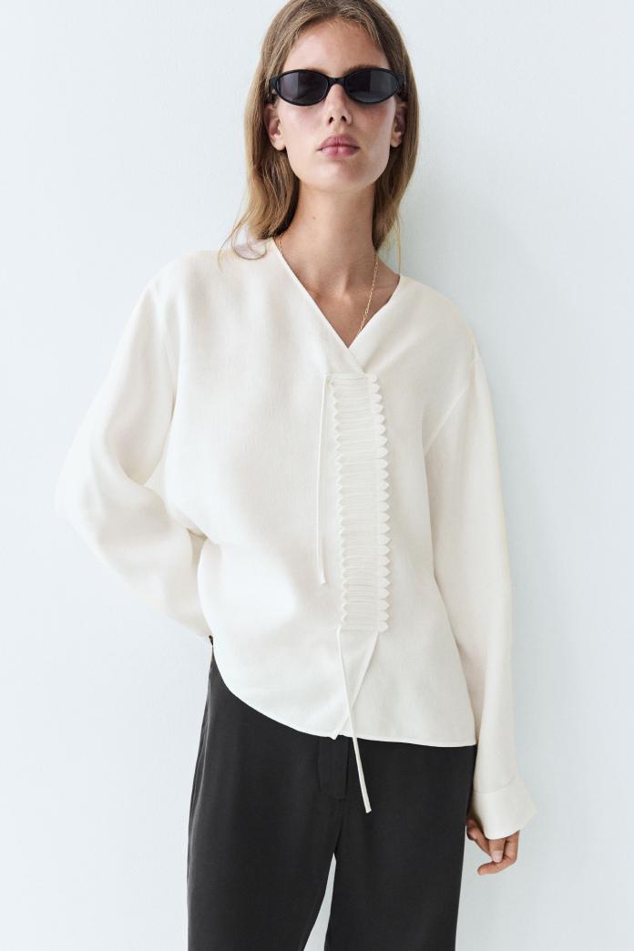 Flowing linen blend blouse with button detail — White