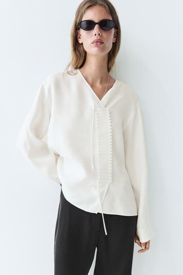 Zara Flowing linen blend blouse with button detail - White